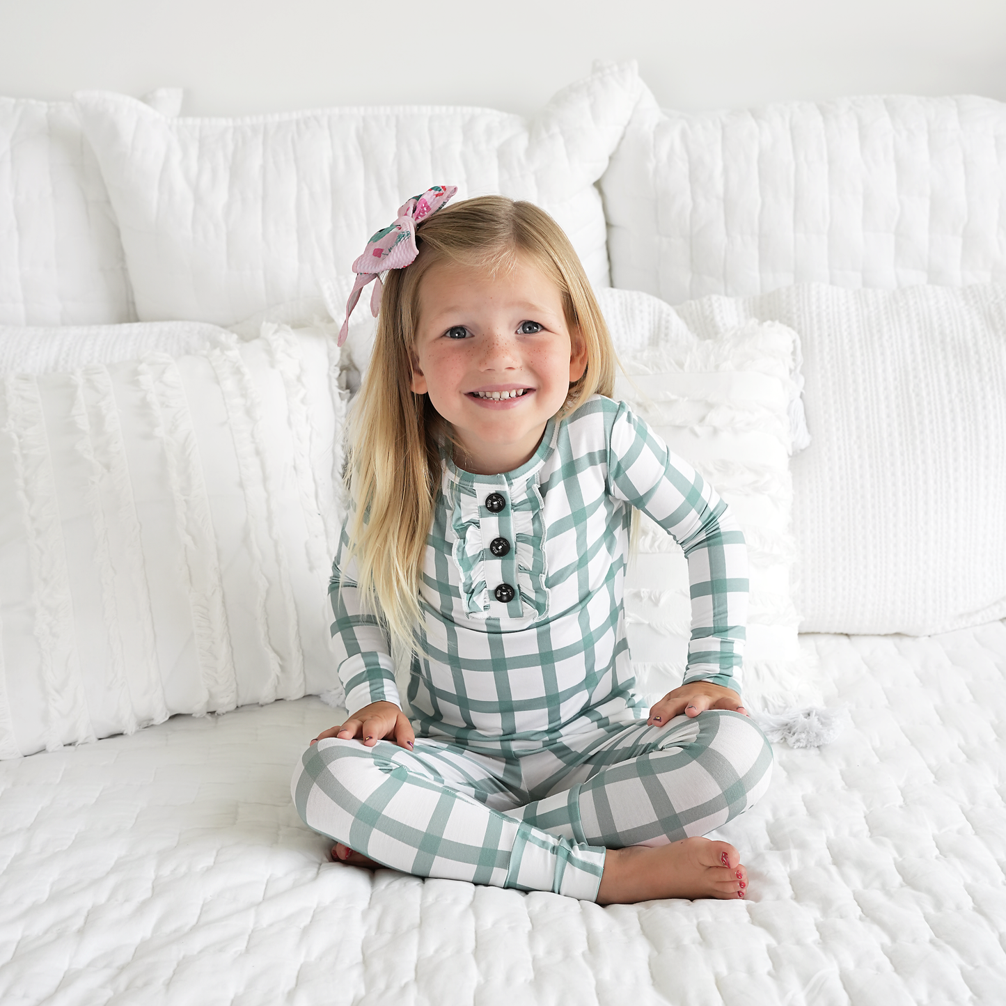 Green Plaid Ruffle 2P Set Bamboo Pajamas