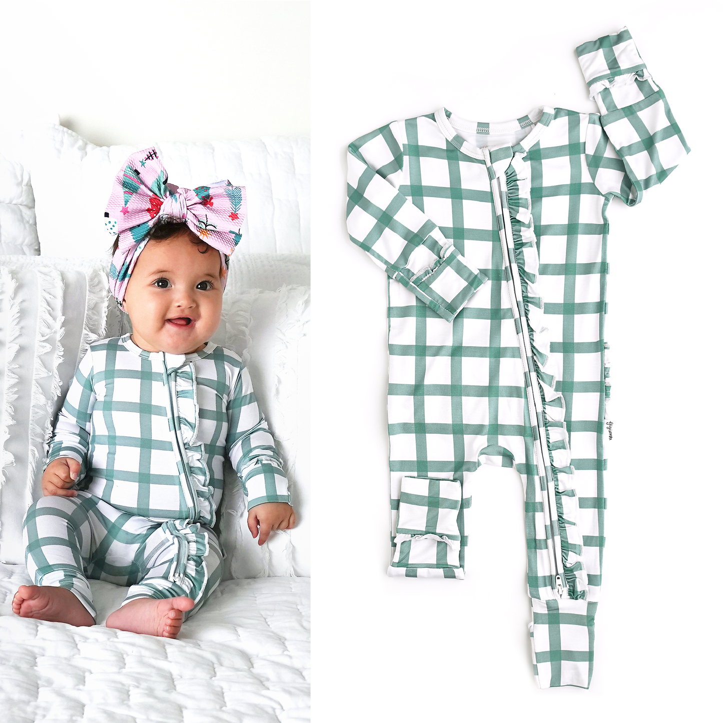 Green Plaid Ruffle Zip Bamboo Pajama