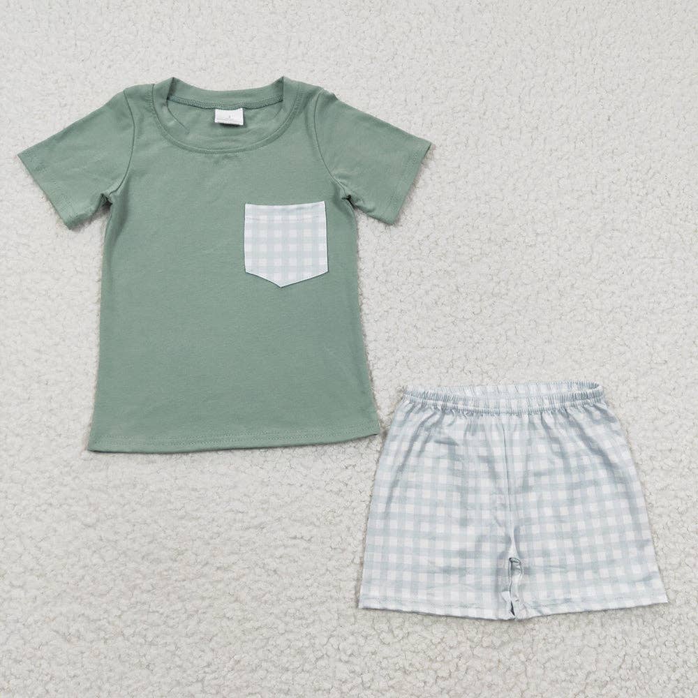 Green Plaid Pockets Short Set