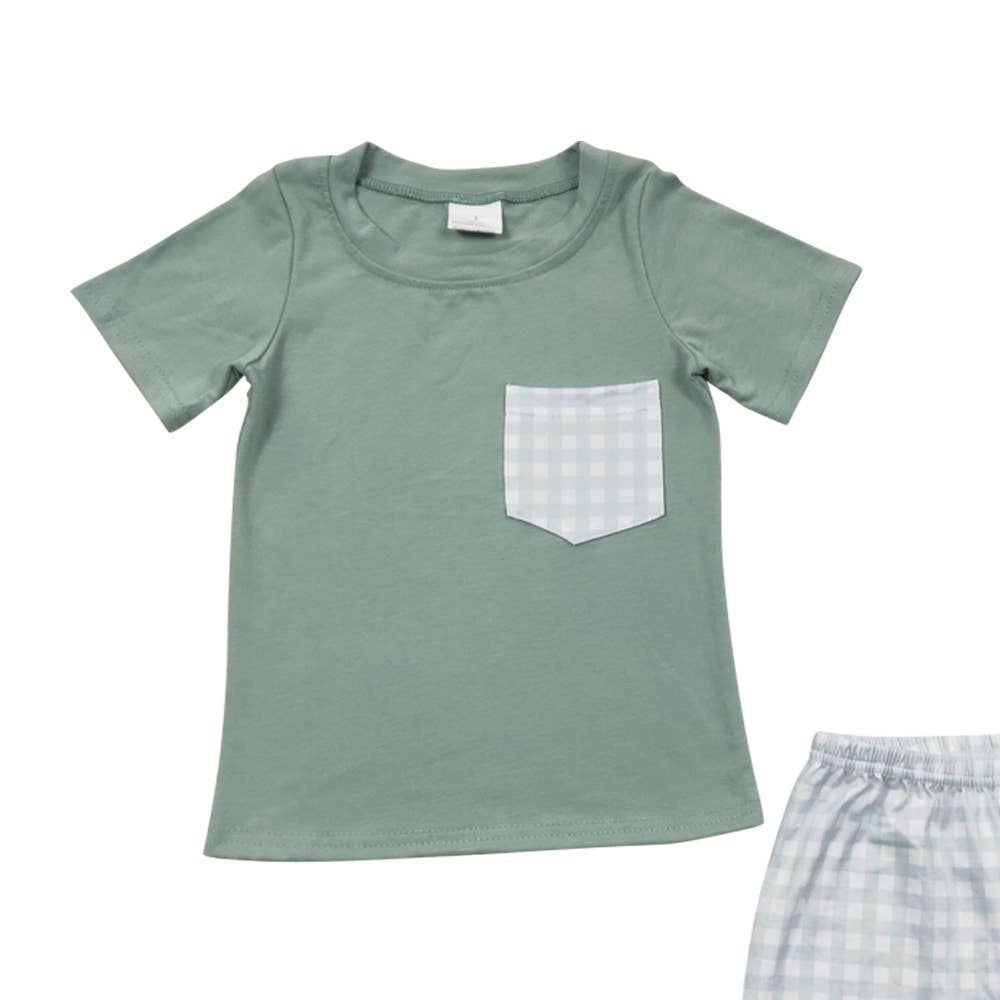 Green Plaid Pockets Short Set