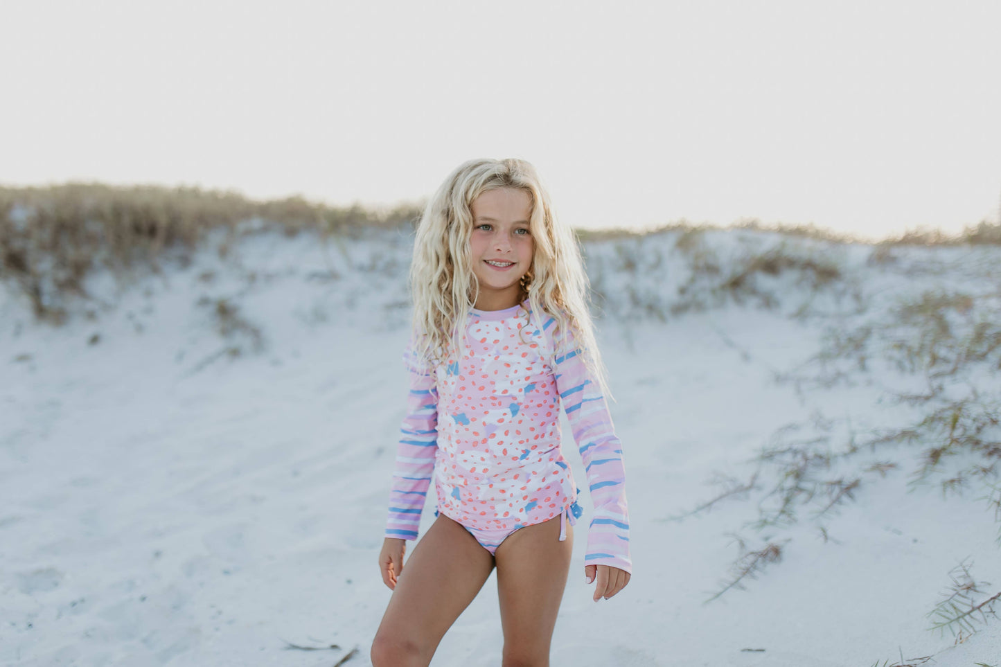 Pink & Blue Abstract Rash Guard Ruffle Swimsuit