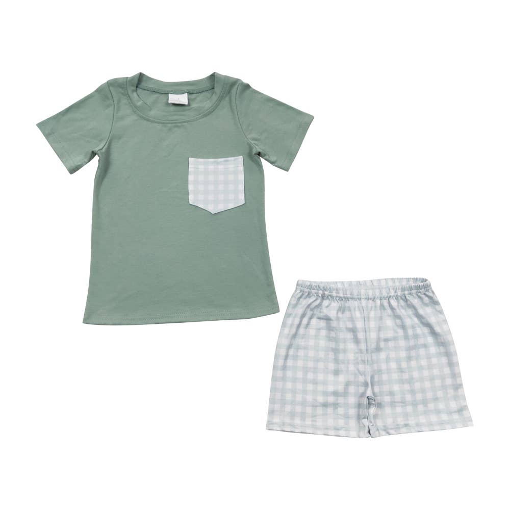 Green Plaid Pockets Short Set