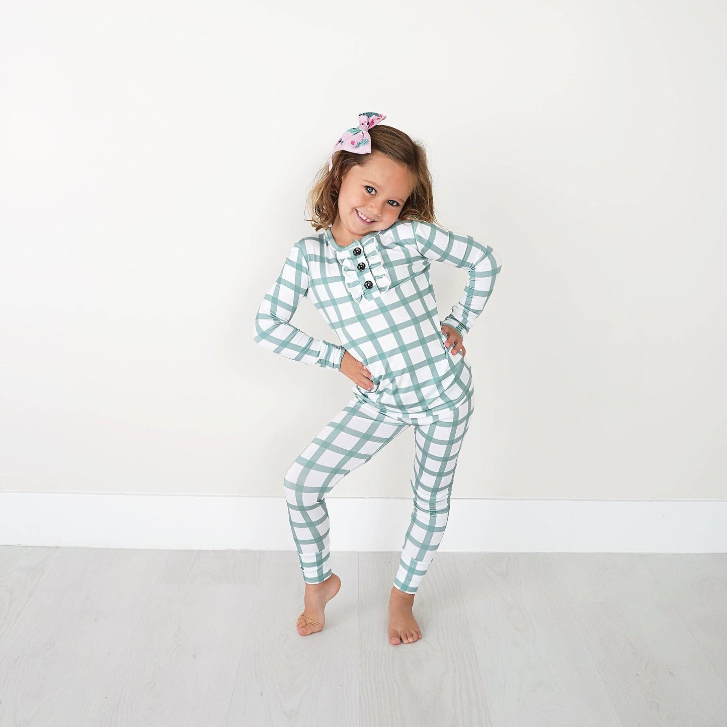 Green Plaid Ruffle 2P Set Bamboo Pajamas