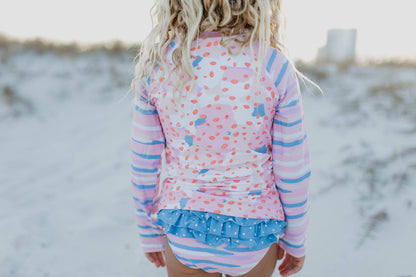 Pink & Blue Abstract Rash Guard Ruffle Swimsuit