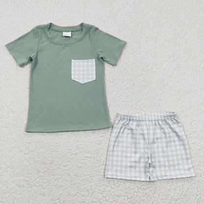 Green Plaid Pockets Short Set