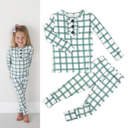 Green Plaid Ruffle 2P Set Bamboo Pajamas