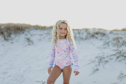 Pink & Blue Abstract Rash Guard Ruffle Swimsuit