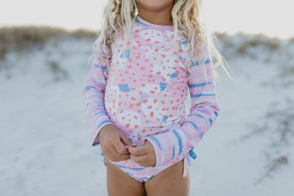 Pink & Blue Abstract Rash Guard Ruffle Swimsuit